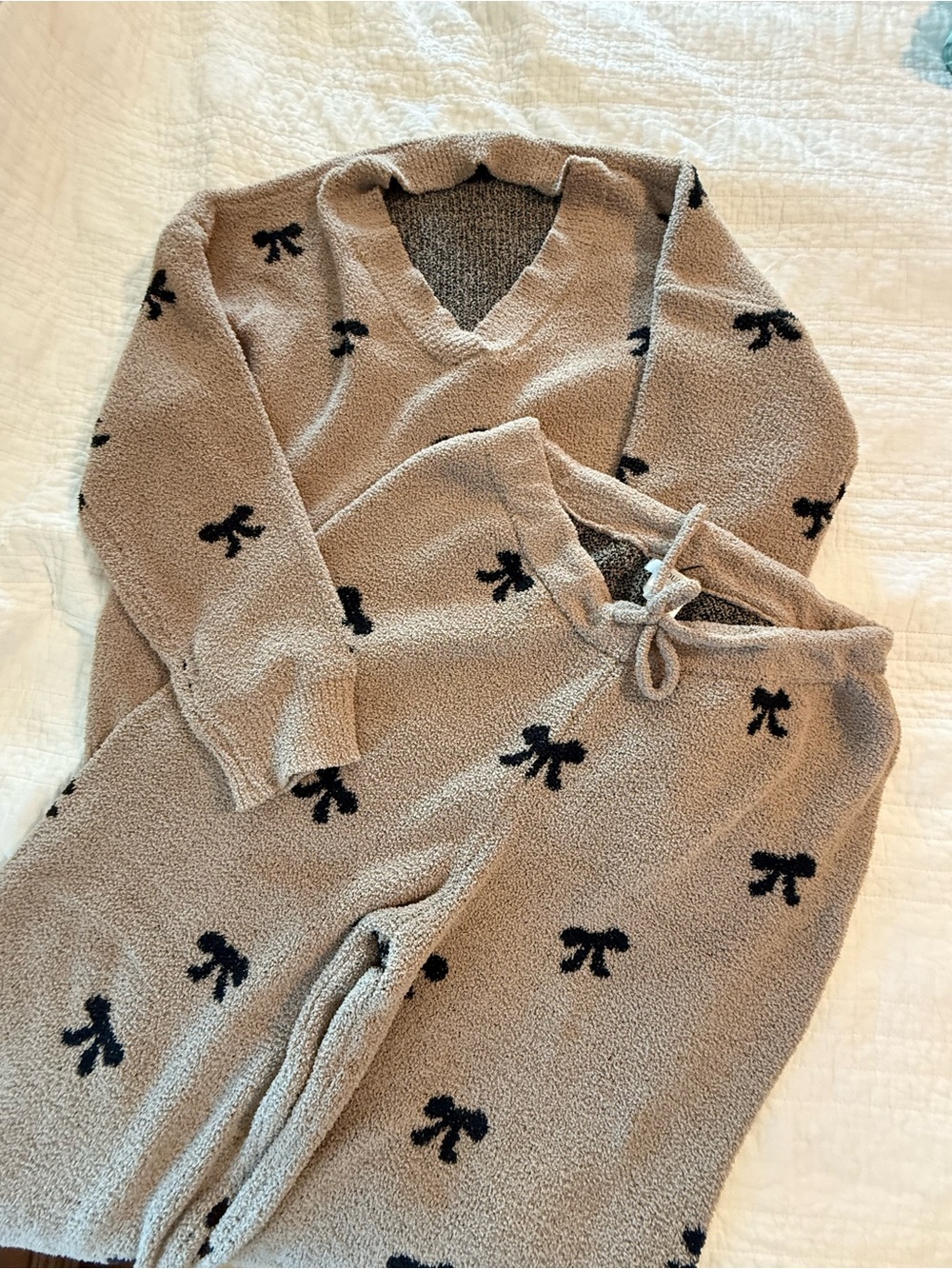 Cozy Women’s Taupe Sherpa Pajama Set with Black Bow Accents